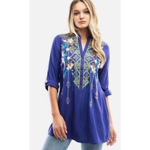 Luna Moon Womens Size‎ XL Tunic Top Blue Embroidered Split Neck Roll Tab Sleeves
